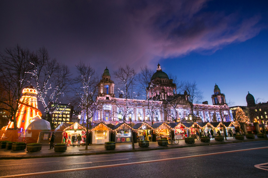 Christmas markets outside Belfast city hall when Christmas shopping in Belfast