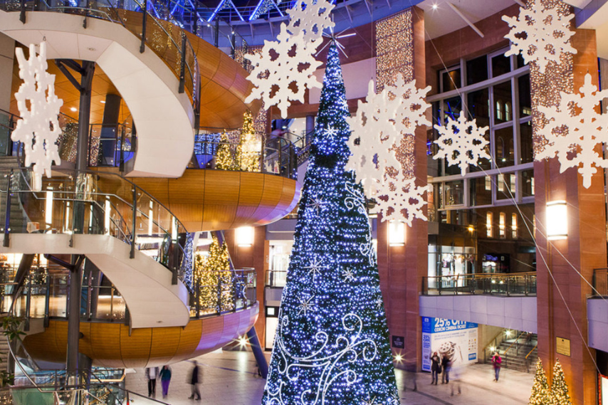 A shopping centre with festive decorations when Christmas shopping in Belfast