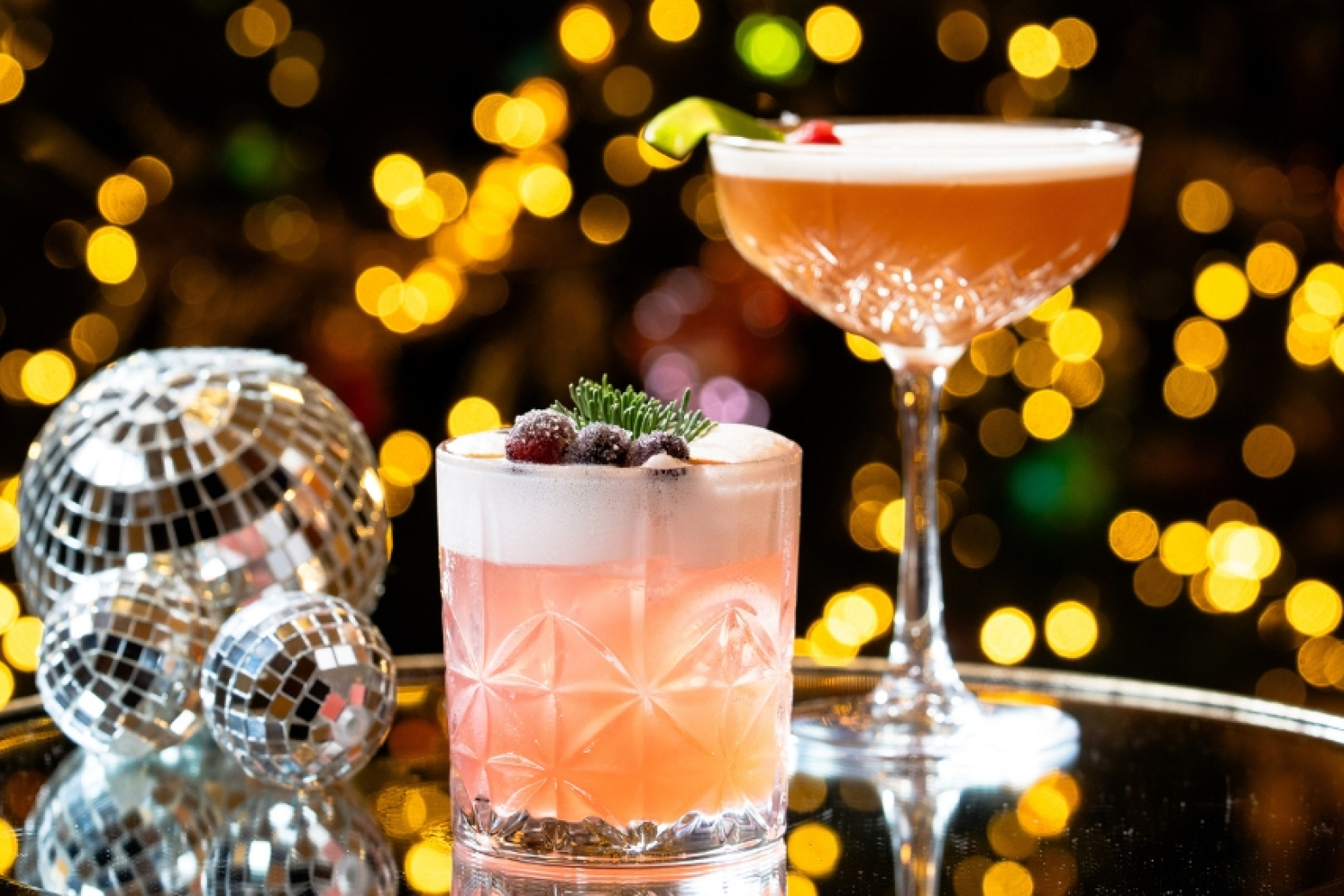 Festive cocktails and disco decorations at Christmas party nights at Clandeboye Lodge