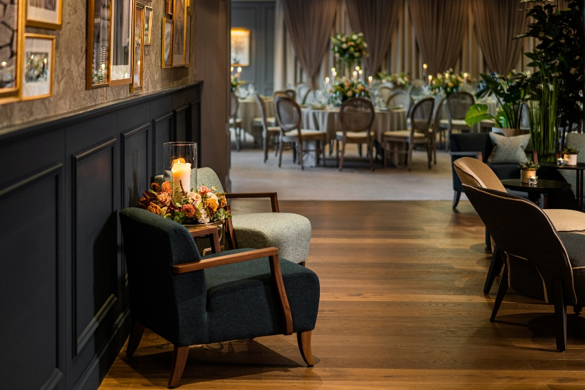 Elegant indoor wedding dining space at Clandeboye Lodge, styled for an intimate celebration