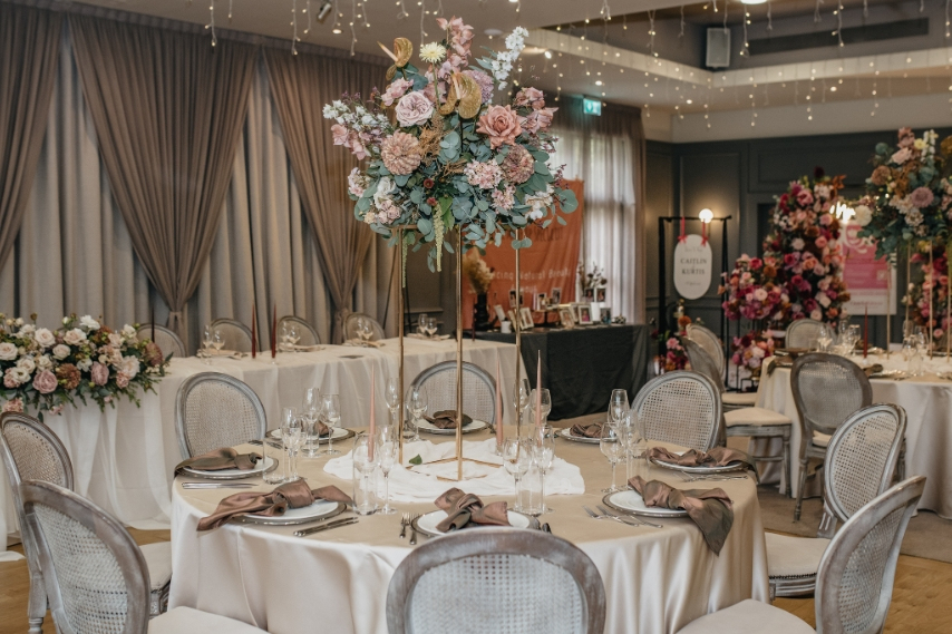 Styled wedding tables set up at a wedding fair in Northern Ireland
