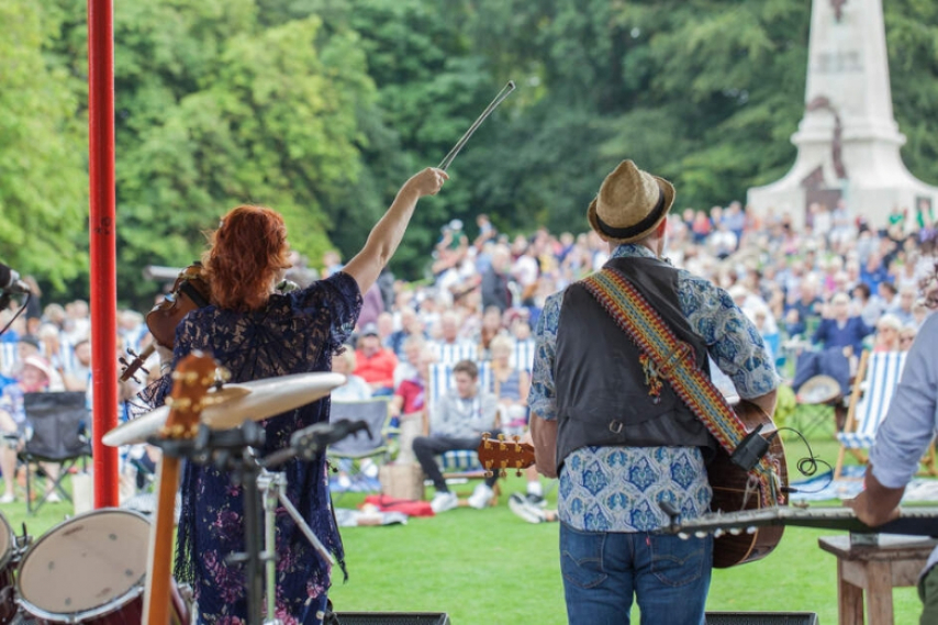 Musicians performing at an outdoor concert in Bangor, Northern Ireland.