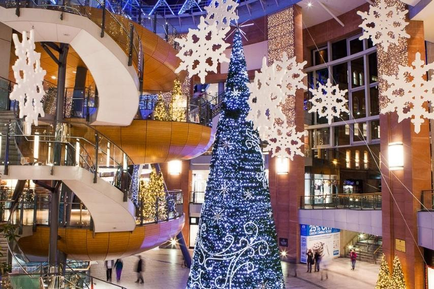 A festive shopping centre in Belfast showcasing seasonal things to do in Northern Ireland.