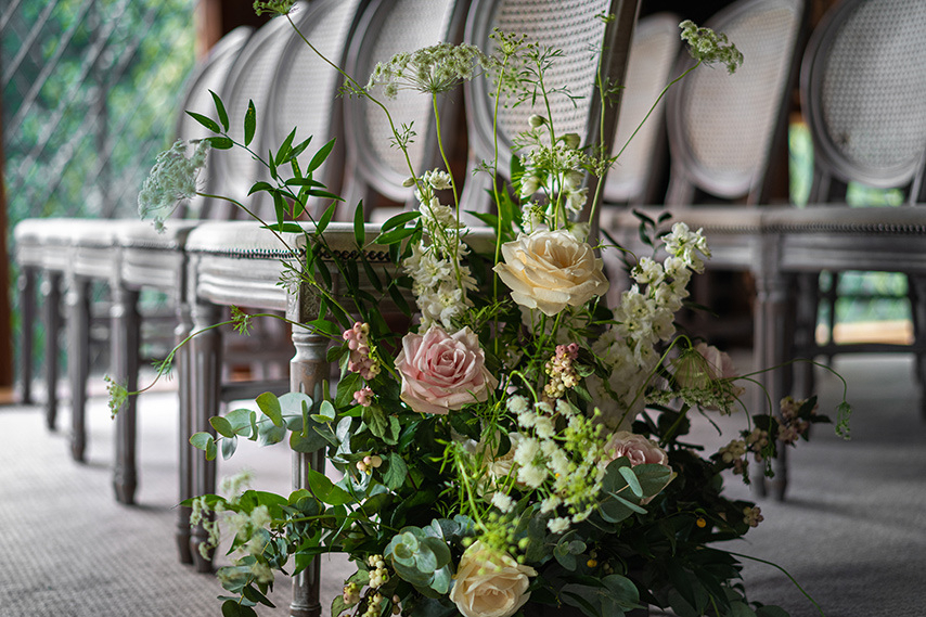 Floral detail in ceremony suite at Clandeboye Lodge wedding venue in Northern Ireland.