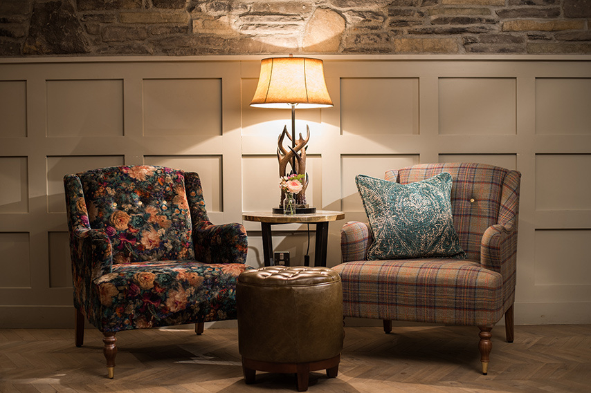 Armchairs and lamp in our heritage wedding venue in Northern Ireland.